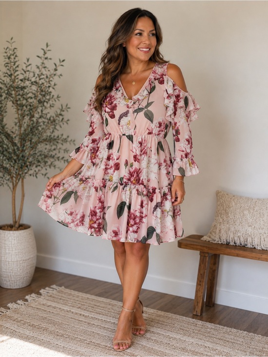 Ted Baker Dresses & Skirts - Ted Baker Blush Pink Floral Cold-Shoulder Tiered Dress -
(US Women’s 10 / Large)